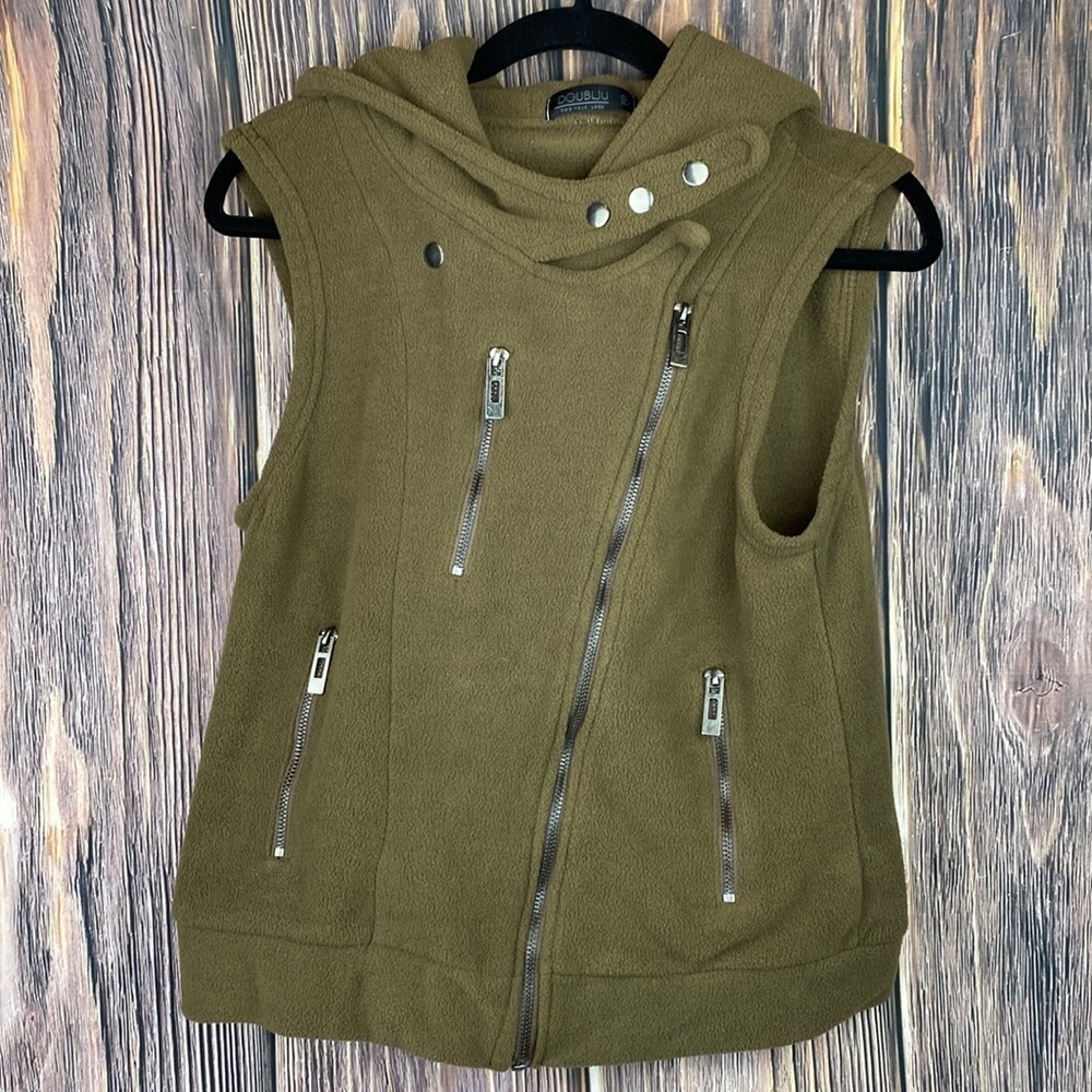 Doublju Brown Poly Fiber Hooded Vest With Zipper Details- Size Small